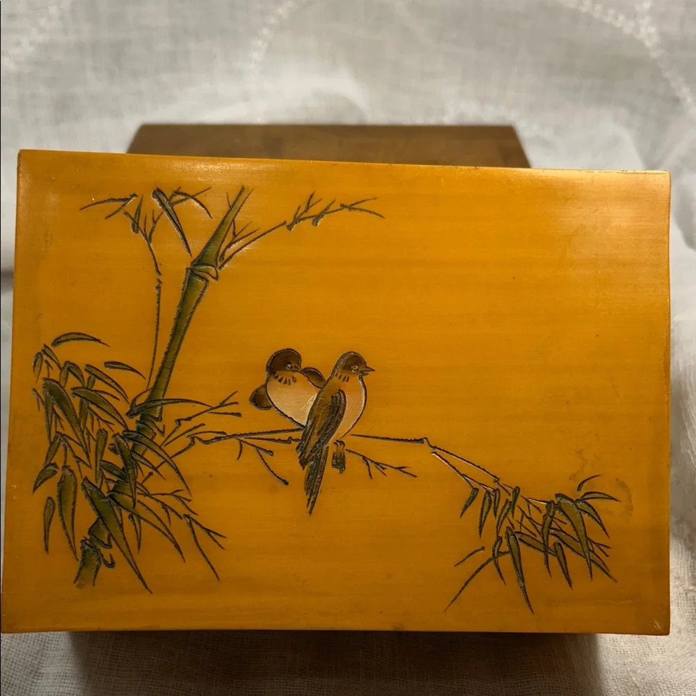 Vintage Jewelry wooden box with bamboo and birds hand painted